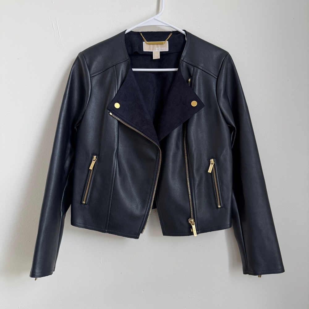 Navy faux leather jacket with gold hardware